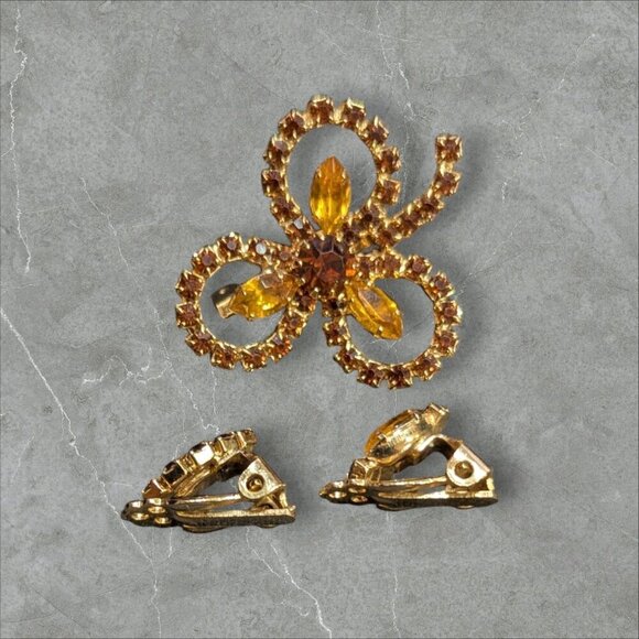 Vintage Rhinestone Bow Brooch & Clip-On Earring Gold tone topaz brown tone - Picture 2 of 9